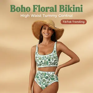 Vintage Green Floral High Waisted Bikini Set, Retro Boho Print Two Piece Swimsuit for Women, Tummy Control Bathing Suit with Scalloped Trim