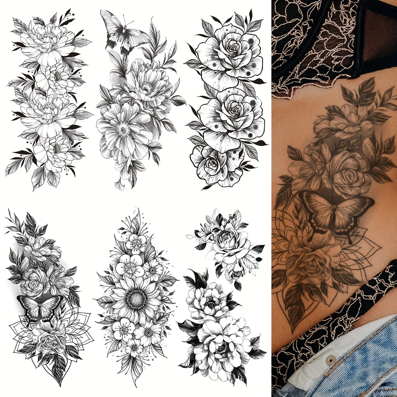 6 Piece Floral Tattoo Set, Unisex Arm Chest Back Tattoos, Waterproof Realistic Tattoos, Lasts 3-5 Days, Body Stickers, Temporary Tattoo, Body Fake Tattoos