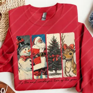 Vintage Christmas Santa Claus Reindeer Graphic Print Sweatshirt, Crew Neck Casual Sweatshirt For Fall & Spring, Women's Clothing