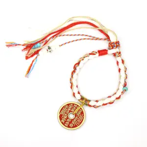 Mountain Spirit Coin Amulet and Handcrafted Beaded Bracelet - Adjustable Braided Cord with Chinese Charm, Feng Shui DIY Beading & Jewelry Making Supply