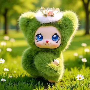 Cute Green Fluffy Bear Plush Keychain with Crown, Soft Stuffed Animal Doll, Adorable Plushie for Claw Machine Prizes, Backpack Charm, Car Key Accessory & Party Favors #FFM