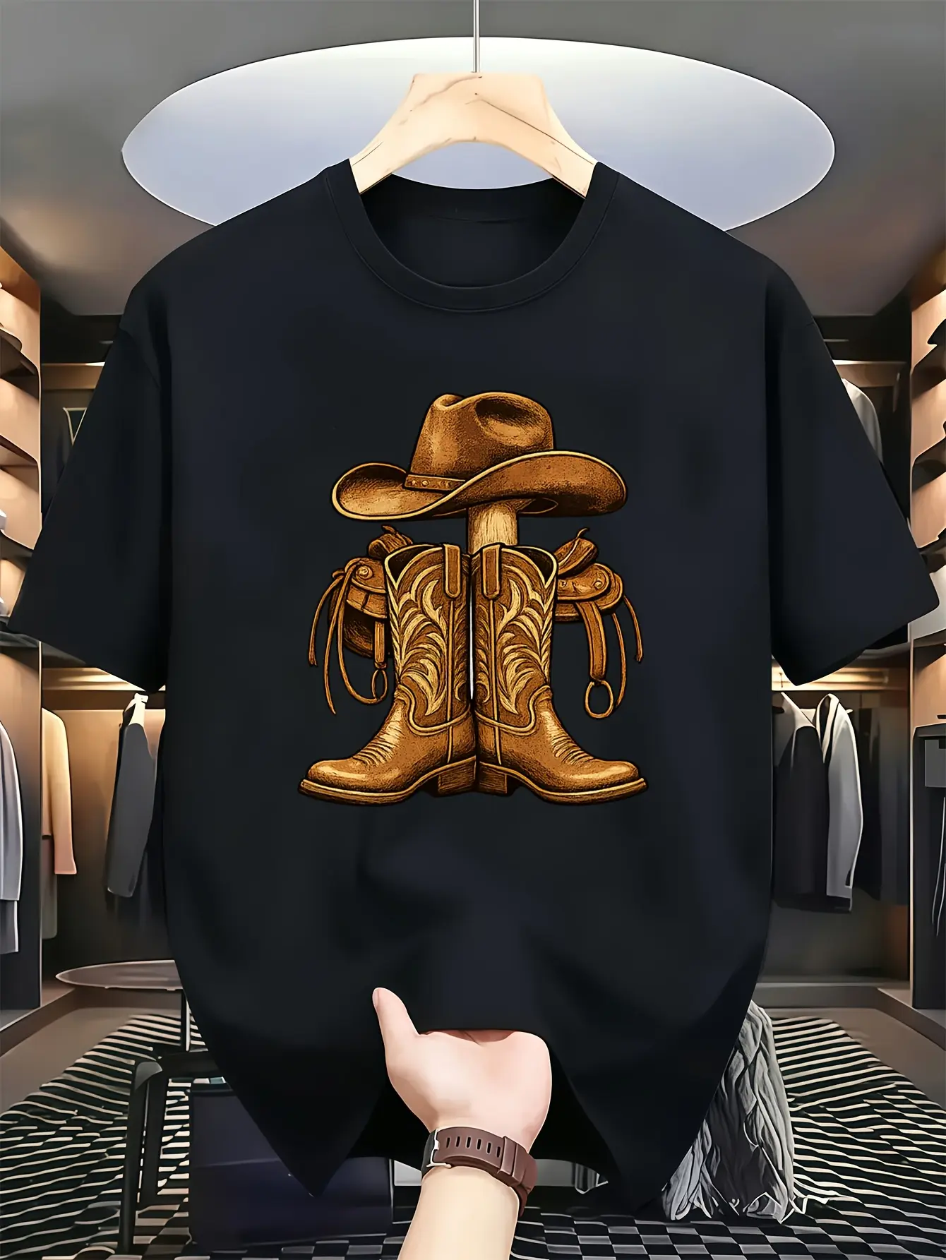 Men's Western Cowboy Boot Print T-Shirt - Short Sleeve Crew Neck Casual Tee with Western-Themed, Machine Washable Suitable for Casual Attire, Ranch Outfits & Cowboy Style, Year-Round Comfortable Wardrobe