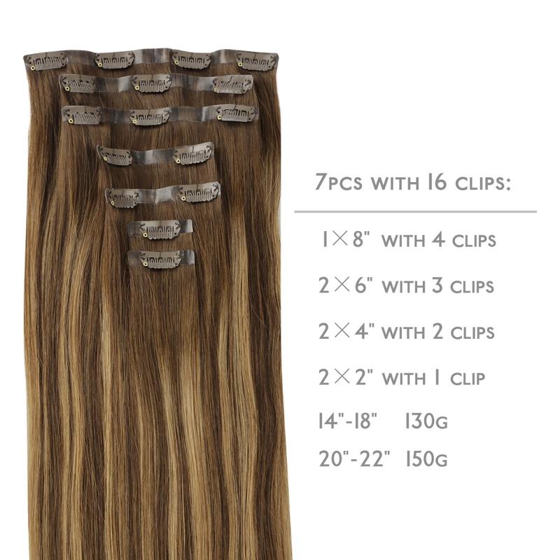 WENNALIFE Seamless Clip In Hair Extensions Human Hair 7pcs 130g to 150g 14in-22in Seamless Narrow Weft Flat Style Clip Ins