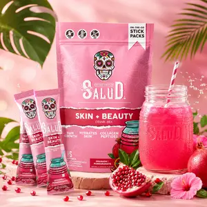 hot new 2026  ! Salud 2-in-1 Skin + Beauty Drink Mix Packets, Pomegranate, Collagen Peptides with Verisol, Hyaluronic Acid, Vitamin C, Biotin + Lustriva, Hydration Sticks, Gluten Free, (15 Servings)