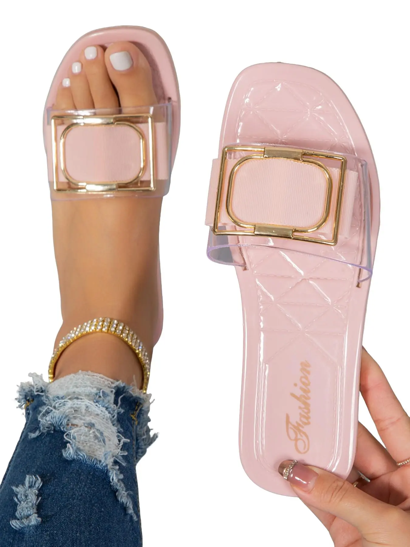 Korean Style Soft Square Buckle Flat Sandals, Comfortable All-Day Wear, Ideal for Students, Office, Beach, Versatile Footwear