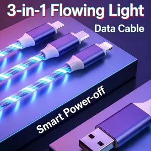 NEW multifunctional USB flowing RGB glowing 3-in-1 car data cable, equipped with Type-C / Micro USB / Lightning interfaces, compatible with iPhone and Android phones, 1.2 meters, durable design USB Charging Cable