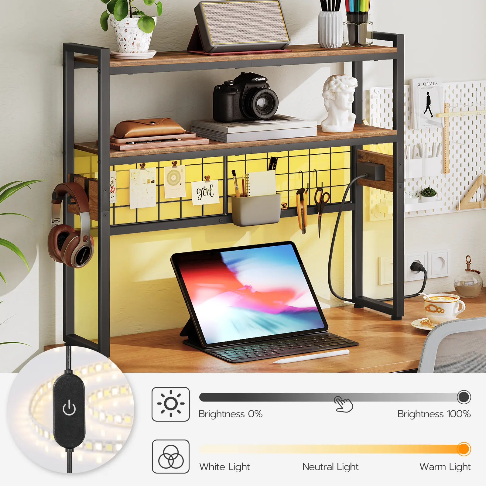 HOOBRO Desktop Bookcase, 2-Tier Office Desktop Organizer, 29.9" Wooden Office Storage Rack with Outlets, Display Shelf Rack with Light Strip, Desk Hutch for Office, Rustic Brown #SummerVibes