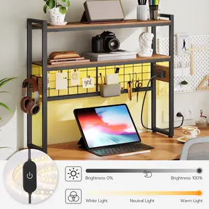 HOOBRO Desktop Bookcase, 2-Tier Office Desktop Organizer, 29.9" Wooden Office Storage Rack with Outlets, Display Shelf Rack with Light Strip, Desk Hutch for Office, Rustic Brown#SpringSale #BigSpringSale