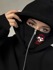 Women's Christmas Santa Graphic Hooded Sweater Jacket, Unique Design, Comfortable Knit, Fall & Winter Fashion, Casual Wear