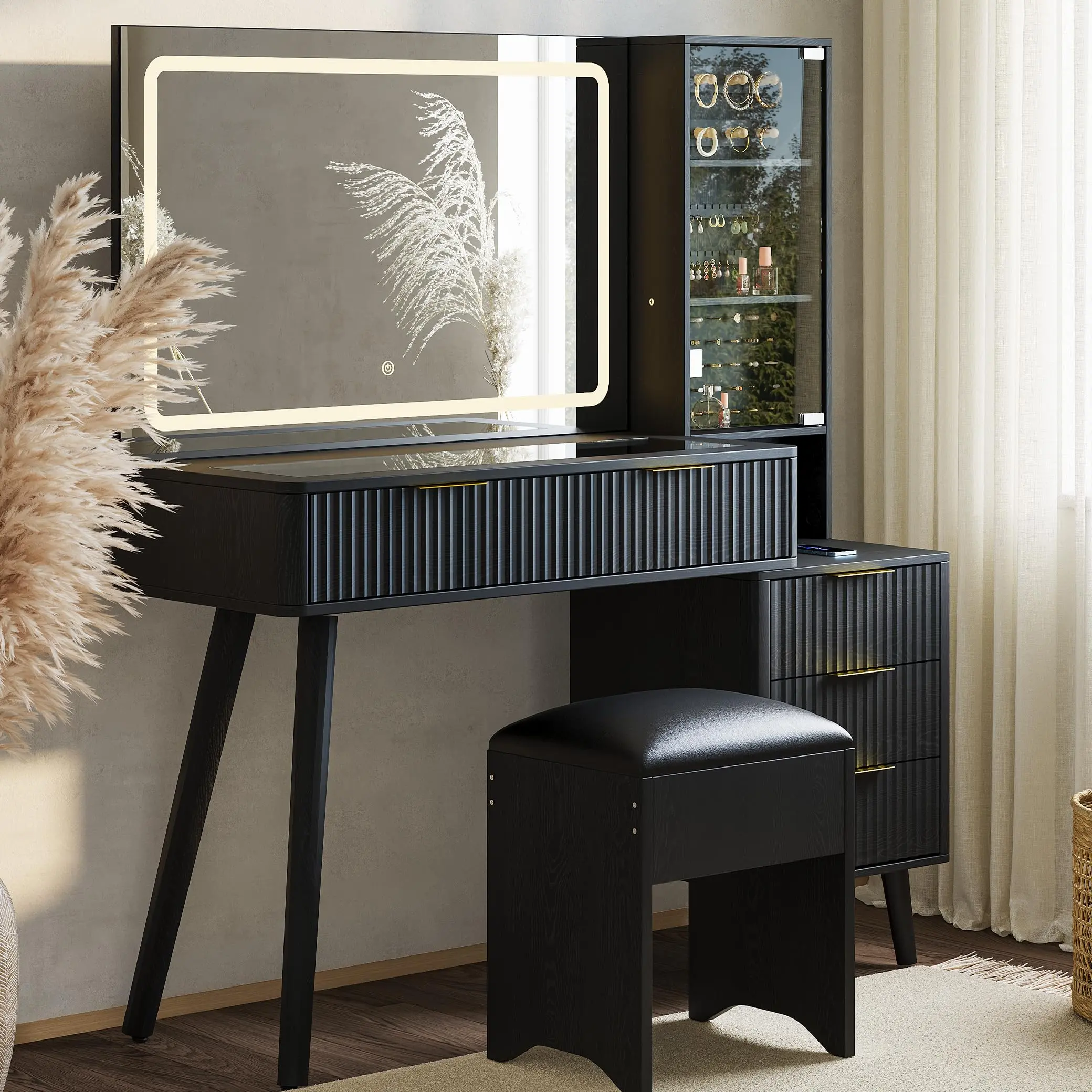 Garvee Makeup Vanity Set with Illuminated Mirror, Charging Station, Padded Storage Stool, and Black Glass Top for Bedroom