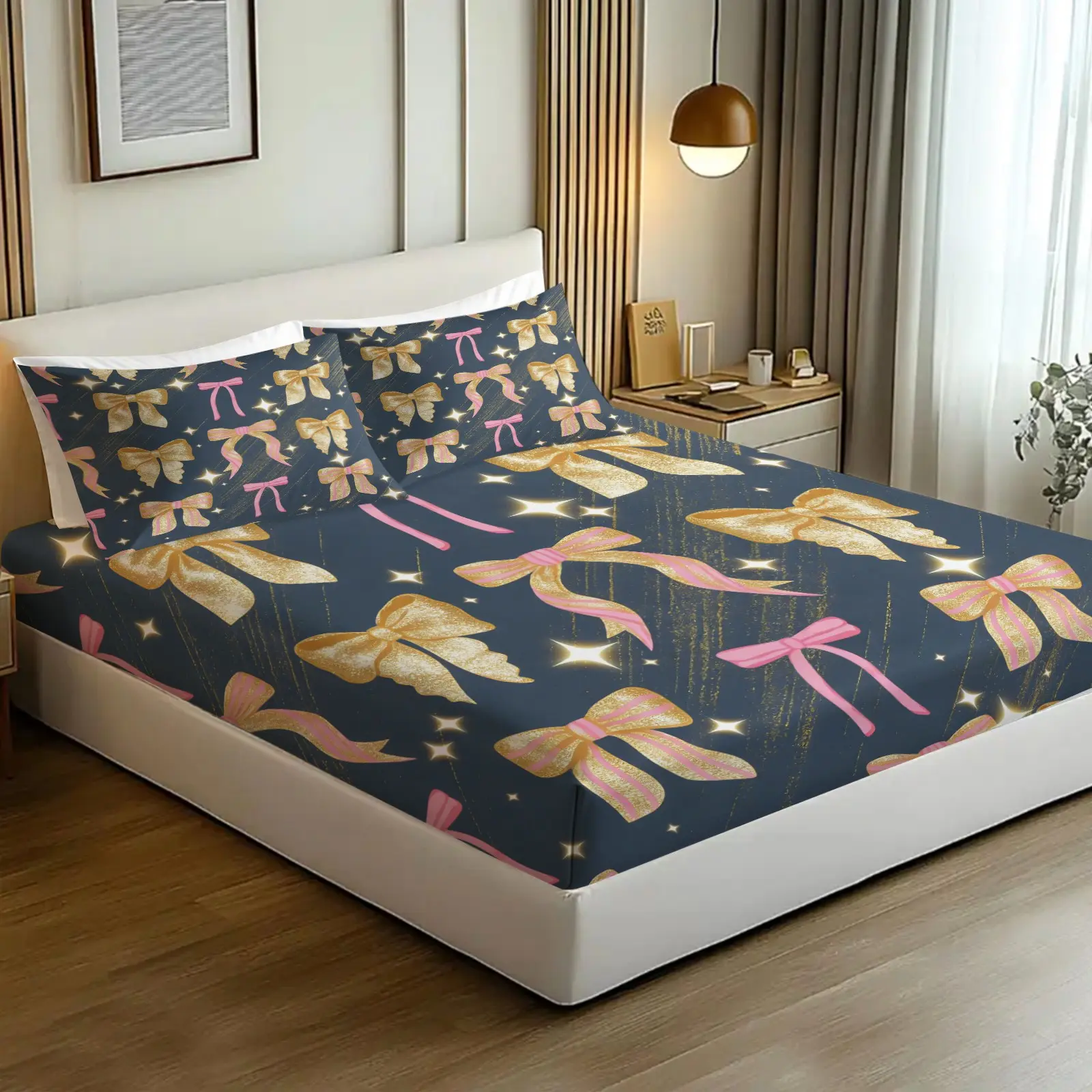 3pcs Cute Glitter Pink Gold Bow Fitted Sheet Set, Coquette Aesthetic Bed Sheet Set, Soft Microfiber Bedding Set (No Fillers), Starry Bow Print Mattress Cover for Girls, Bedroom & Dorm Decor