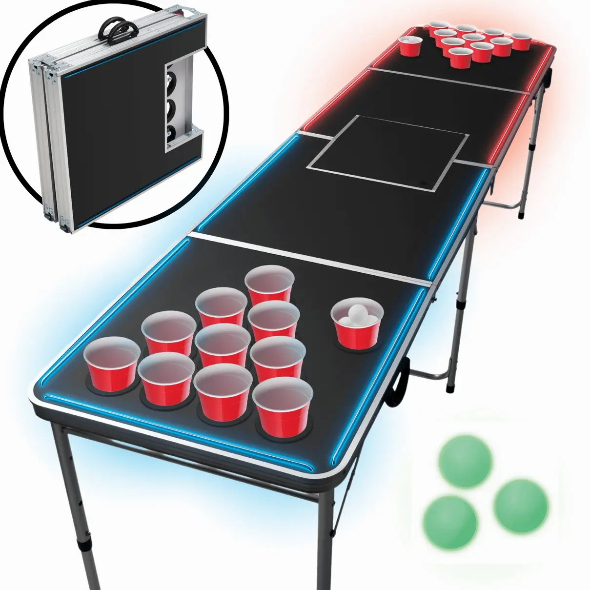 MinnARK Sports LED Portable Folding Pong Table, 8-Ft Party Game Set for Outdoors & Tailgating