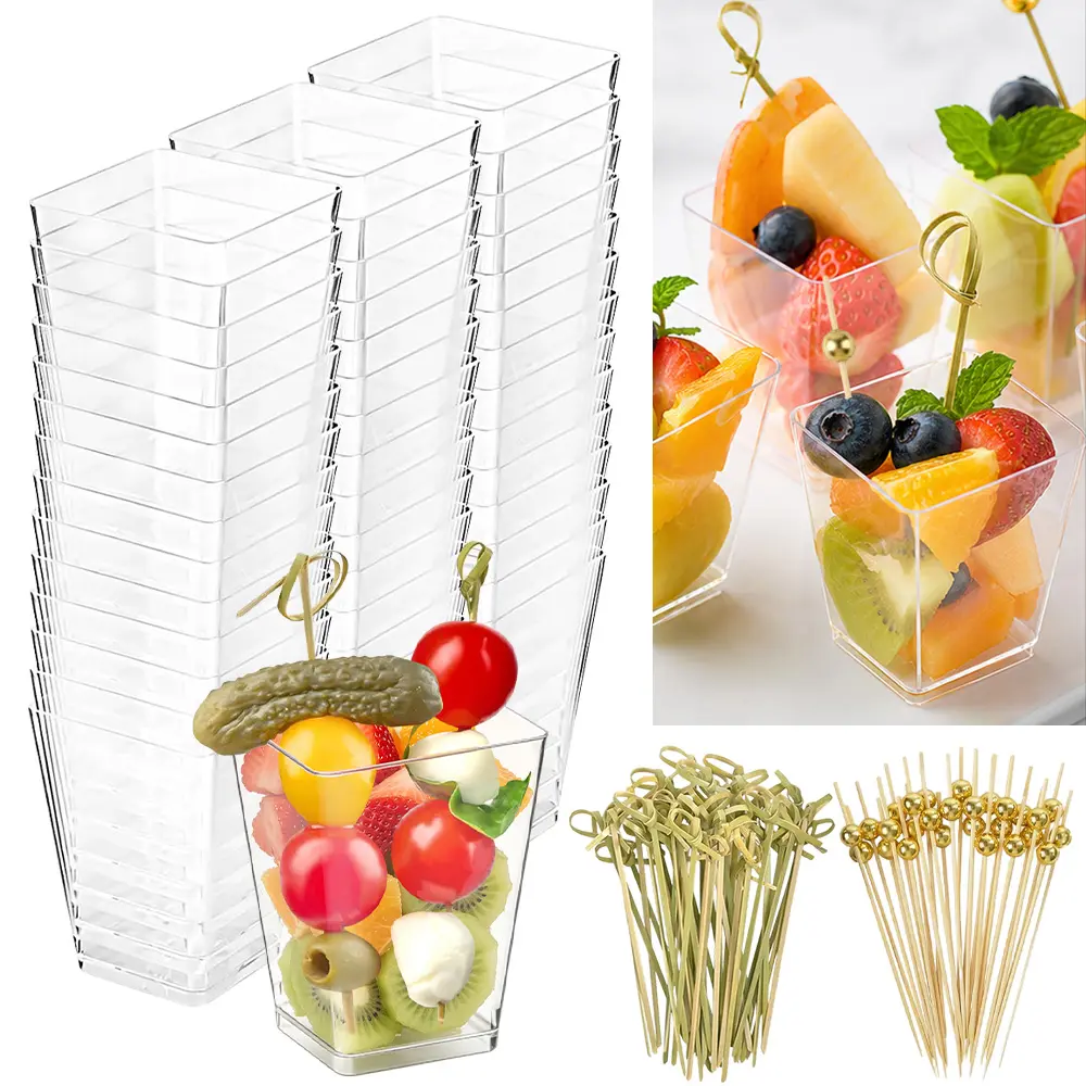 50 Packs 5 oz Plastic Charcuterie Cups with 100pcs Sticks, Square Appetizer Cups with Cocktail Picks Mini Party Serving Cups for Fruit, Snack, Dessert