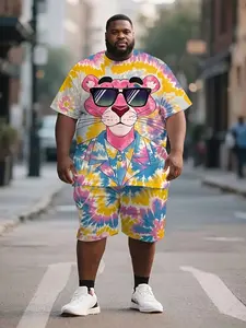 Men's Plus Size Casual Suit Set, Leopard Print Short Sleeve Track Shorts, Geometric Pattern, Comfortable Fabric, All Seasons