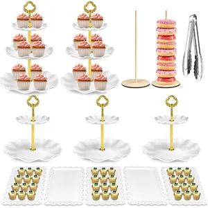 14 PCS Cupcake Stand Set 3 x Two-Tier and 2 x-Tier Cupcake Stands 2 x Donut Stands 5 x Appetizer Trays with 2 x Tongs Dessert Table Display Set for Birthday Wedding Baby Shower Tea