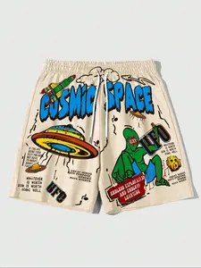 Women's Space-Themed Shorts, Vintage Graffiti Ufo Alien Print, Soft Knit Fabric, Fitted, Perfect for Beach & Island Travel, Daily Essential