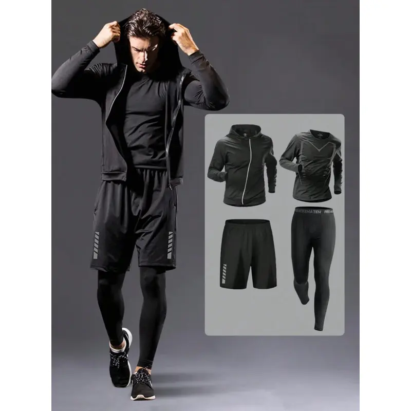 Men's Sports Long Boyfriend Style Four-Piece Set, High Elasticity Long Sleeve Top Loose Comfortable Shorts High Elasticity Tight Pants Warm Fashionable Zipper Jacket Breathable Quick-Dry High Comfort Suitable for Autumn Winter Running and Playing Fitness