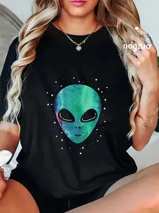 100% Cotton Unisex Alien Head Starry Night Sky Alien Lover Funny Gift T-Shirt Casual Top