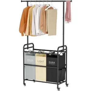 Laundry Sorter Cart with Clothes Rack, 3 Butler Sorter Basket Organizer, Laundry Hamper Cart with Duty Rolling Lockable Wheels, 3 Colors