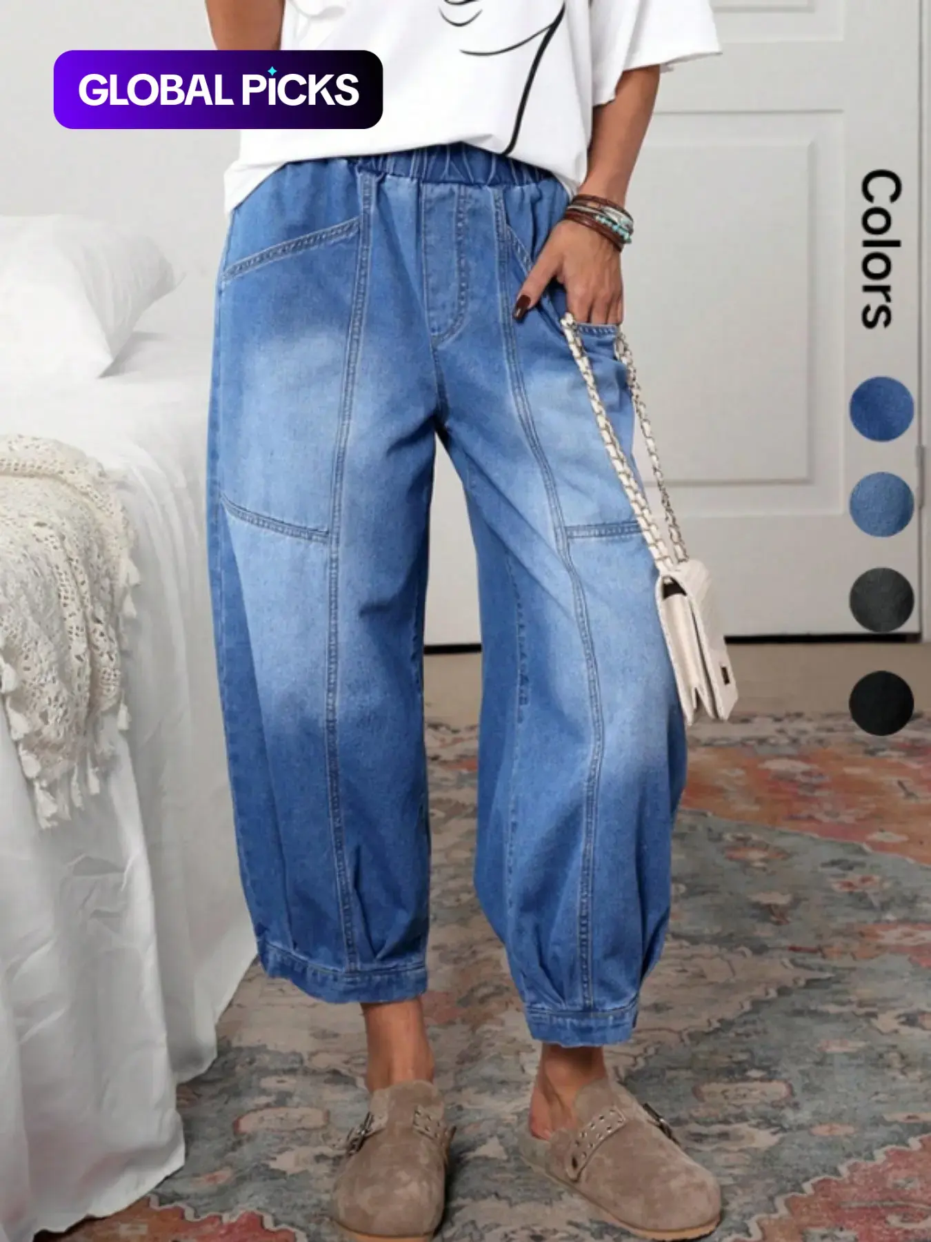Women's Plaid Loose-Fit Oversize Baggy Denim Fabric Woven Jeans Pants, Casual All-Seasons Basic Comfortable Design, Perfect for Everyday Wear & Outdoor Activities, Trouser, Flowy Trouser Jeans
