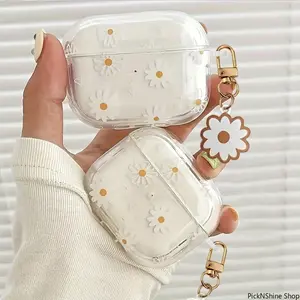 White Daisy Flower Pattern Earphone Case, Stylish Protective Cover Compatible With AirPods Series Models, Anti-Fall Durable Shell For Headphone Charging Box And Daily Carrying Protection