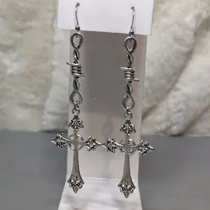 Cross Charm Earrings with Barbed Wire Accent Charm