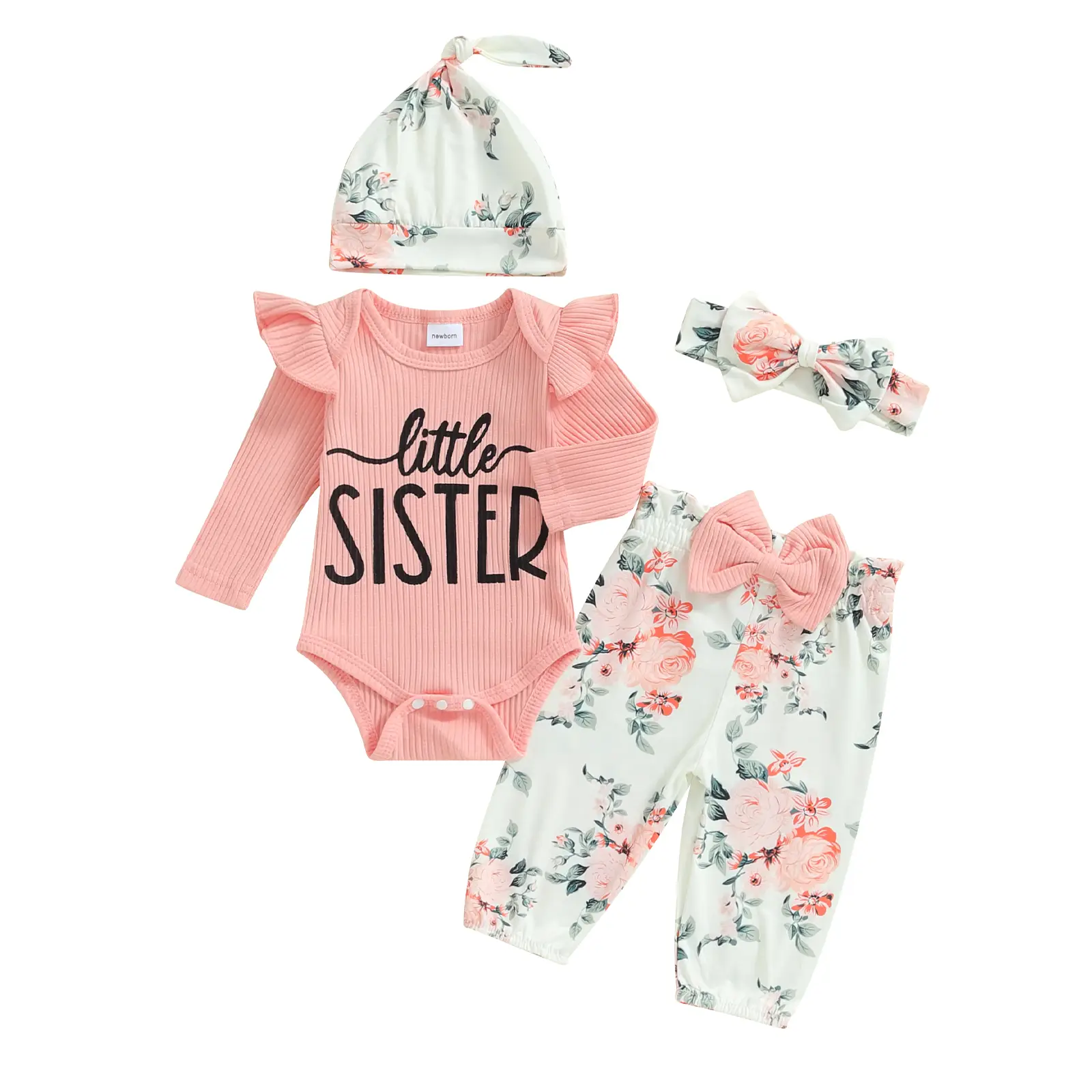 Newborn Baby Girl Little Sister Clothes Outfits Rib Knit Bodysuit Romper Floral Pants Headband Hat Coming Home Outfits