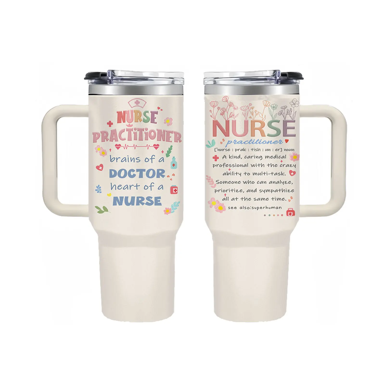 40oz Tumbler Style Cup - Insulated Stainless Steel Waterproof Vacuum Flask with Handle, Straw, Nurse Practitioner Flask, Healthcare Worker Graduation Gift, Travel Coffee Mug for Work, Flasks