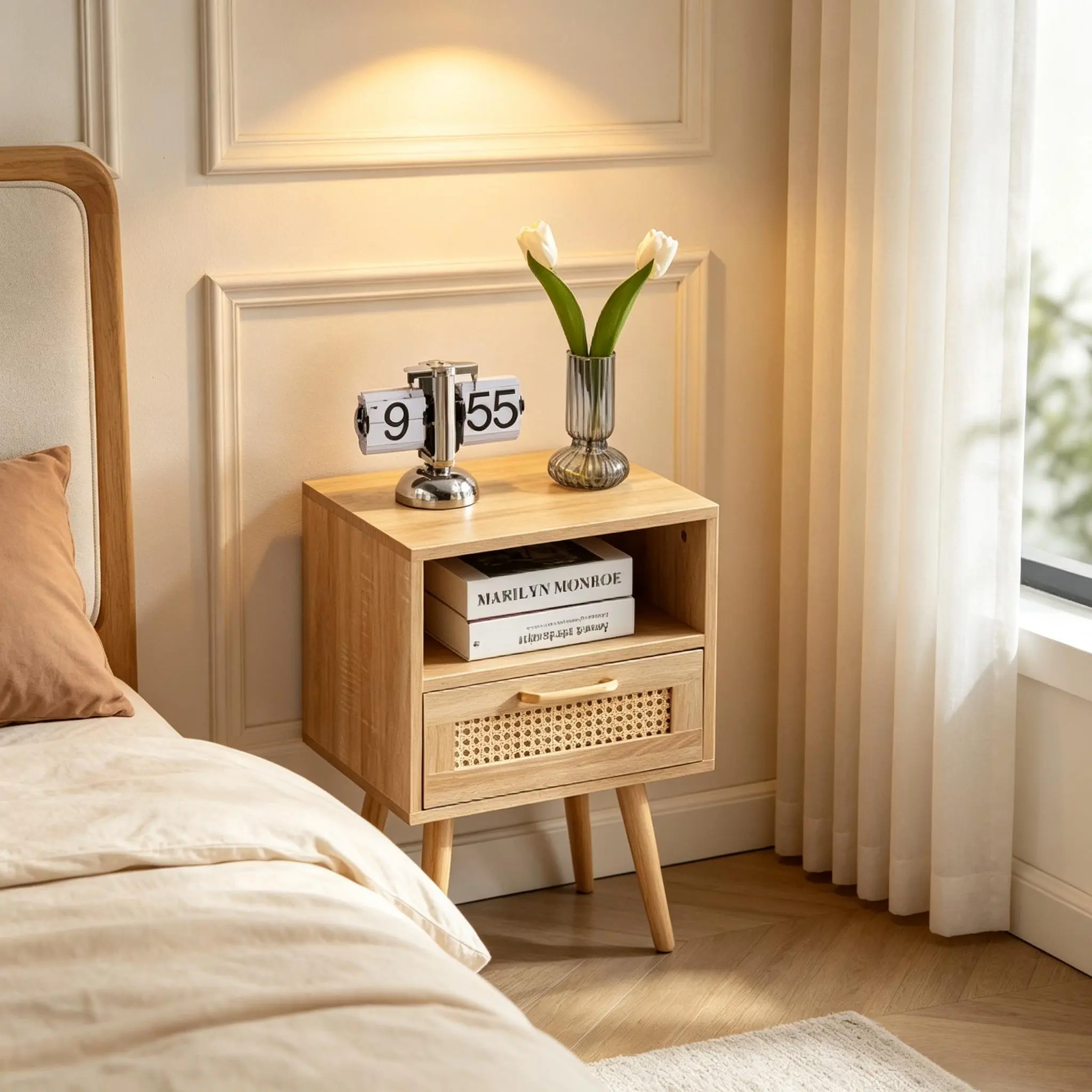 15.75 Inch Rattan Nightstand with Solid Wood Legs, MDF Bedside Table with Rattan Drawer & Open Storage Compartment, Natural Wood End Table for Bedroom Living Room