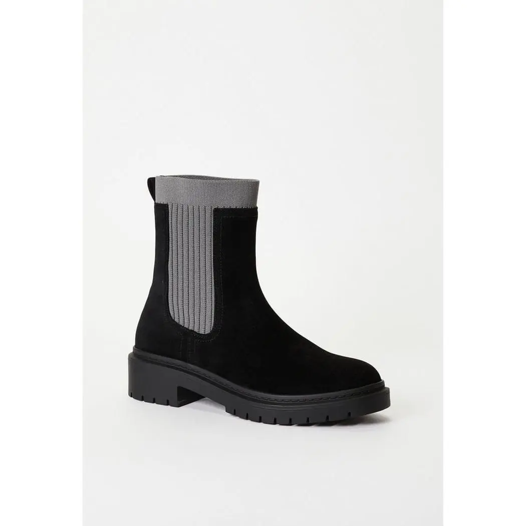 JUST FAB Women Chelsea Bootie 3.5" Chunky Lug Sole Mid‑Calf Boots Ribbed Stretchy Chelsea Boots