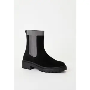 JUST FAB Women Chelsea Bootie 3.5" Chunky Lug Sole Mid‑Calf Boots Ribbed Stretchy Chelsea Boots