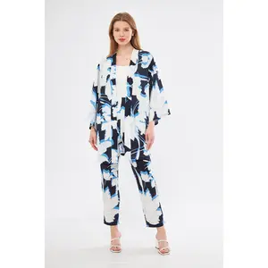 Ava Floral Print Kimono & Pant Set - White & Navy Blue