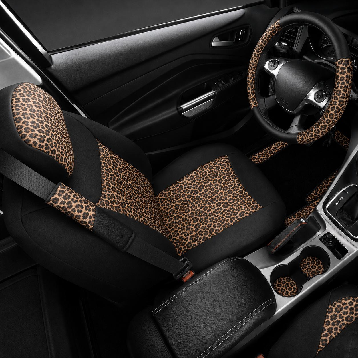 Leopard Print Car Seat Covers Front Seats Set, PU Leather Universal Fit Seat Protector with Steering Wheel Cover, Floor Mats, Seat Belt Pads & Cup Mats, Stylish Auto Interior Accessories for Cars SUV Truck