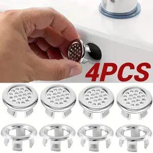 Bathroom Kitchen Basin Sink Overflow Cover Rings, 4 Counts Plastic Insert Replacement Chrome Hole Mesh Round Drain Caps, Drain Protector, Basin Accessories, Bathroom Shower Equipment