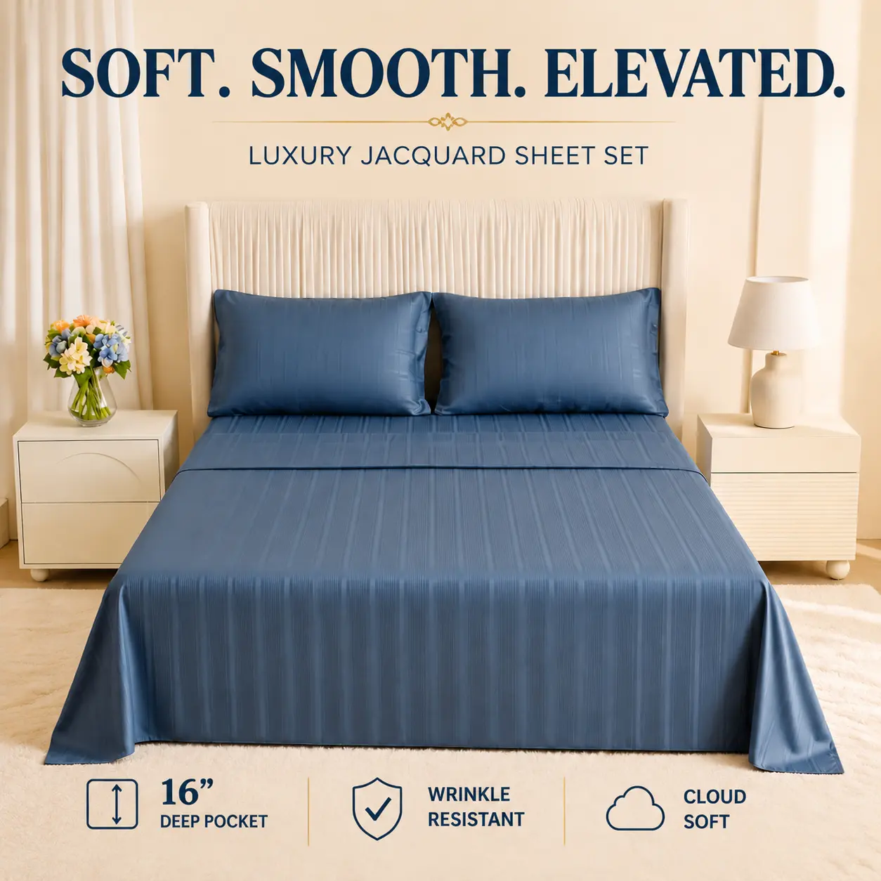 CANSUNCH 4-Piece Satin Jacquard Sheet Set, 16" Deep Pocket Bed Sheets, Hotel Collection Bedding, Wrinkle Resistant, Soft & Breathable