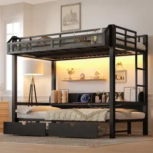 【Bellemave】 Twin XL/Full/Queen Bunk Bed with Storage Shelves Drawers Multifunctional Metal Frame USB Ports LED Lights Convertible Sofa Solid Construction Durable Electrostatic Powder Coating Safety Design Side Ladder