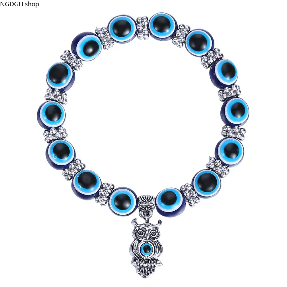 Women's Evil Eye Owl Charm Sporty Sports Wristband - Adjustable Blue Black Beaded Bracelet with Silver Owl Pendant, Spiritual Protection Lucky Jewelry for Daily Wear, Summer Vacation, Sporty Sports Wristbands