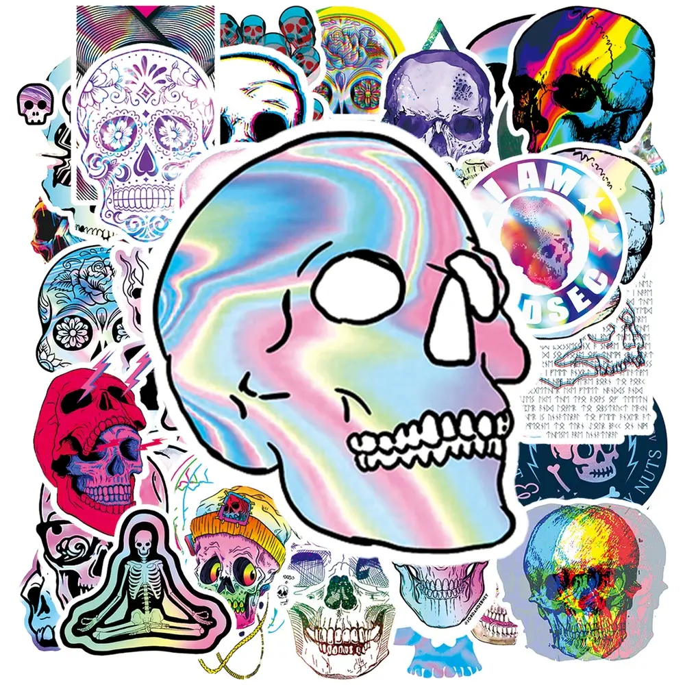 50Pcs Holographic Skull Stickers, Iridescent Skeleton Vinyl Waterproof Decals, Cool Gothic Sugar Skull Stickers For Car, Motorcycle Helmet, Laptop, Water Bottle, Luggage, Graffiti Punk Aesthetic Sticker Pack #SkullStickers  #HolographicStickers