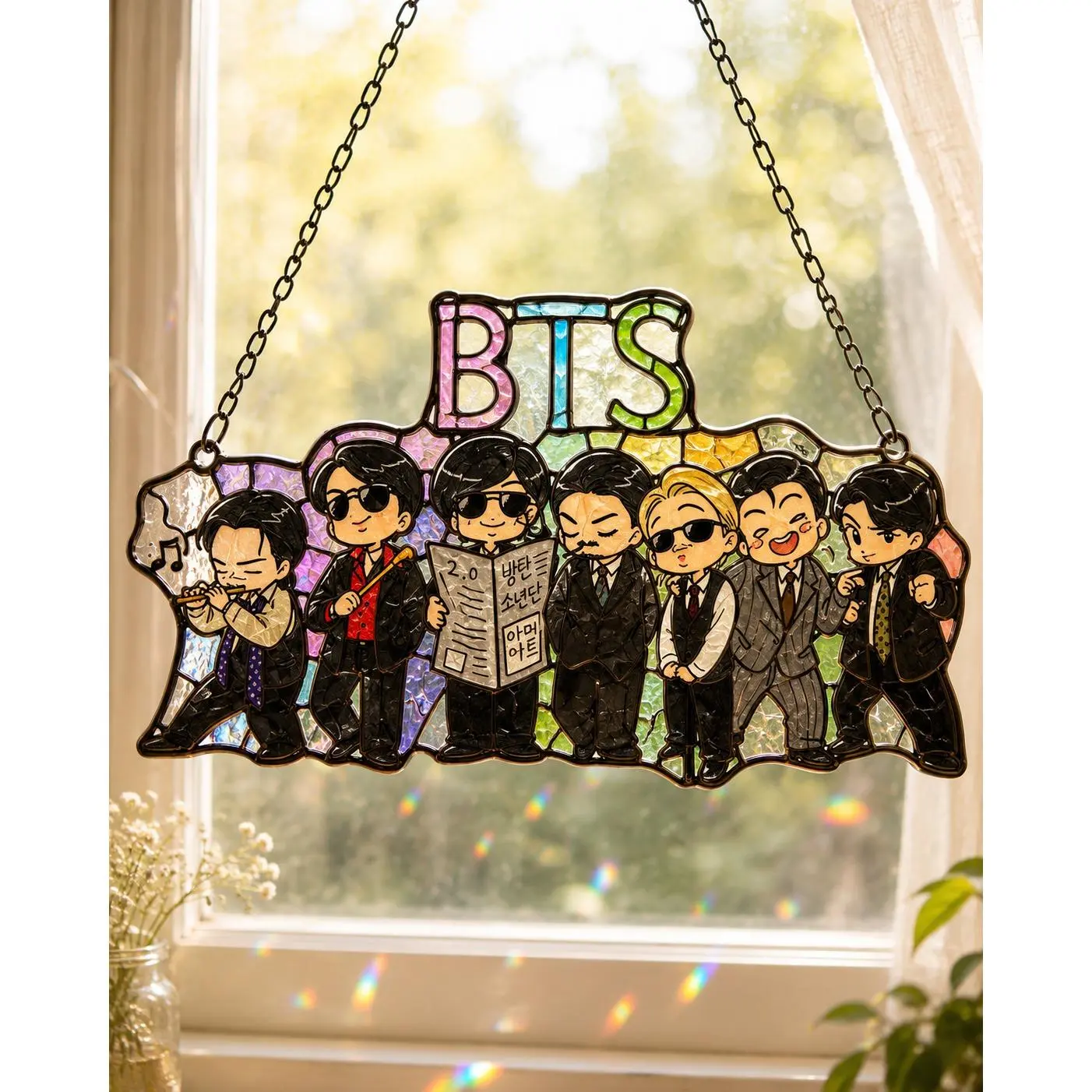 Korean Pop Inspired Glass Suncatcher, Chibi Boy Band Window Hanging Decor, Cute Music Fan Gift for Best Friend Birthday Room Decor