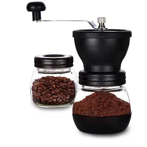 Manual Coffee Bean Grinder with Ceramic Burr, Hand Coffee Grinder Mill Small with 2 Glass Jars Stainless Steel Handle for Drip Coffee, Espresso, French Press