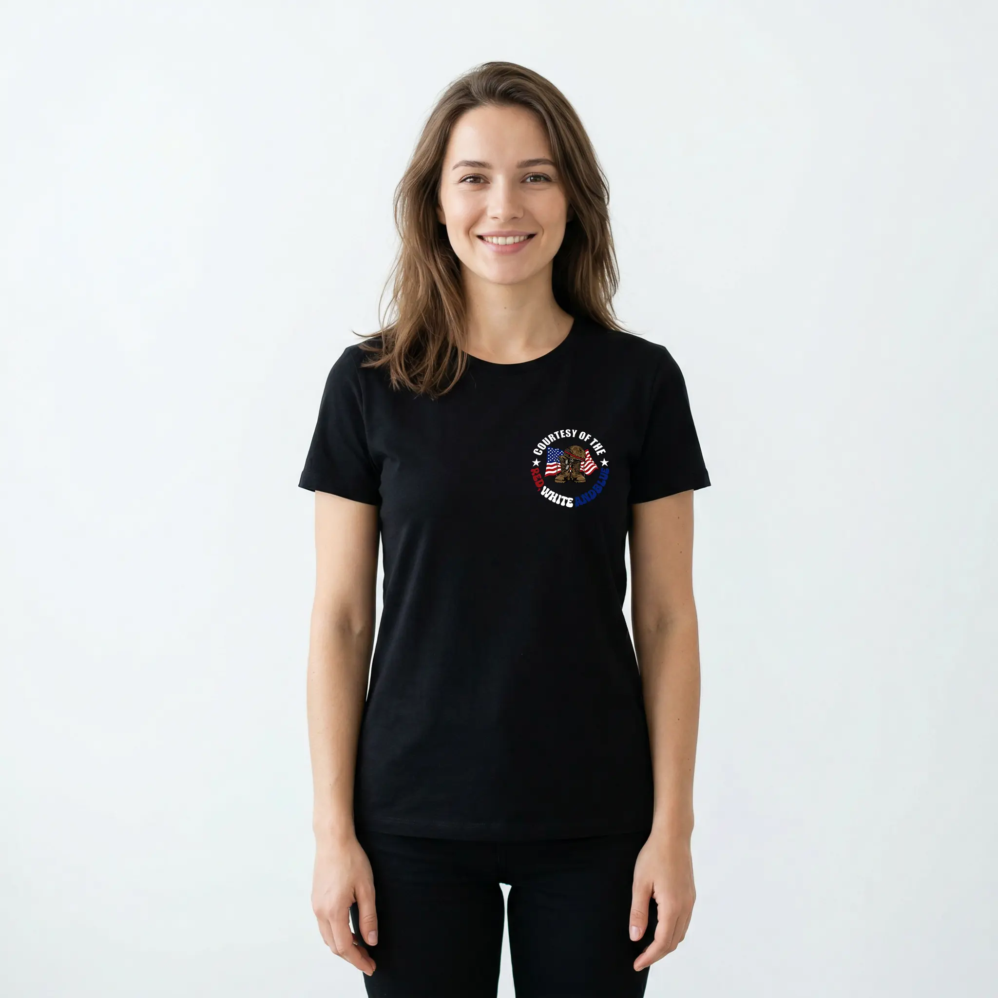T - shirt with "WE'LL PUT A BOOT IN YOUR ASS" slogan, American flag & military boot graphic, front "CONTEST OF THE RED WHITE AND BLUE" design summer short-sleeved t-shirt suitable woman top sleeve t-shirt top cotton tee sarcastic sporty casual cool basic