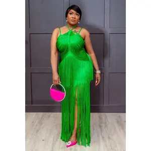 Tity Elegant Green Fringe Halter Dress