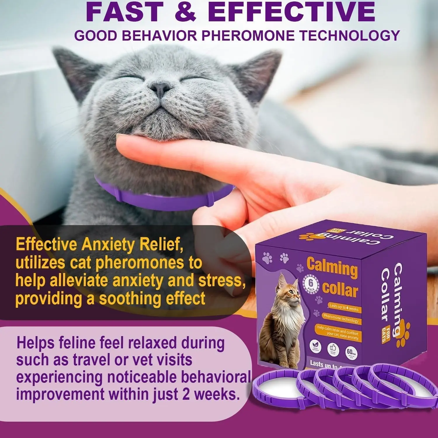 Cat Pheromone Calming Collar, 6-Pack Calming Collar for Cats – Adjustable 15″, 60-Day Lasting Stress & Anxiety Relief, Helps Reduce Noise Fear, Scratching & Separation Anxiety (Pruple)