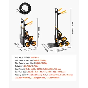 VEVOR Stair Climbing Cart, 330 lbs Stair-Climbing Capacity, Heavy-Duty Folding Trolley Cart with Telescoping Handle, 6 Wheels and 2 Bungee Cords, Stair Climber Dolly for Home, Groceries, Warehouse