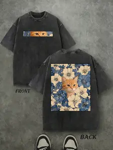 "Cat in the Flowers" Double-Sided Print T-Shirt | Retro Washed 230gsm Cotton, Men's Casual Comfortable Street Style Tee, Vintage Floral Feline Graphic Top Oversized Streetwear Menswear Soft Tshirt