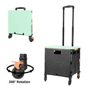 SELORSS BY06S Foldable Utility Cart, Folding Portable Rolling Crate Handcart with Durable Heavy Duty Plastic Telescoping Handle Collapsible 4 Rotate Wheels hand cart for Travel Shopping Moving Luggage Office Use (Black+Green) storage cart