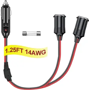12V Cigarette Lighter Socket Splitter, 12 Volt Splitter 2 Socket 1.25FT Car Plug Splitter, Cigarette Lighter Splitter Adapter Power Charger Port 14 AWG Cord 20A Fuse (1 Years Warranty)