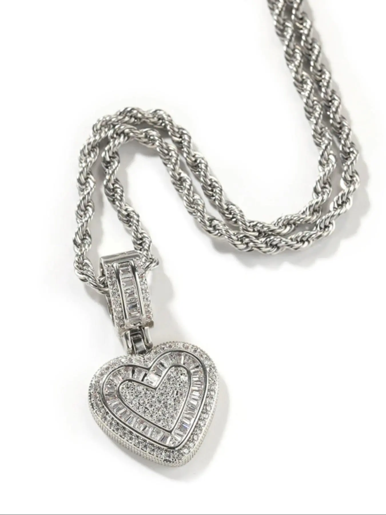 Unisex Hip Hop Heart Pendant Necklace, Cuban Rope Chain, Men's Cubic Zirconia Heart Charm Jewelry, Women's Gift, Fashion Accessories, Cubic Zirconia Necklaces