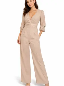 Elegant Beige Jumpsuit  | Enterizo Largo con Escote en V y Manga 3/4