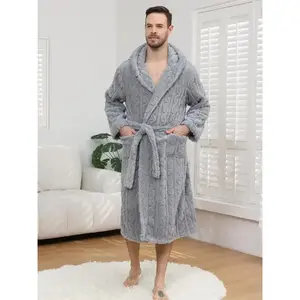 Men's Thickened Knitted Sleep Robe for Fall & Winter, Casual Loose-Fitting Bathrobe in Solid Color, Comfortable Cotton Blend Fabric